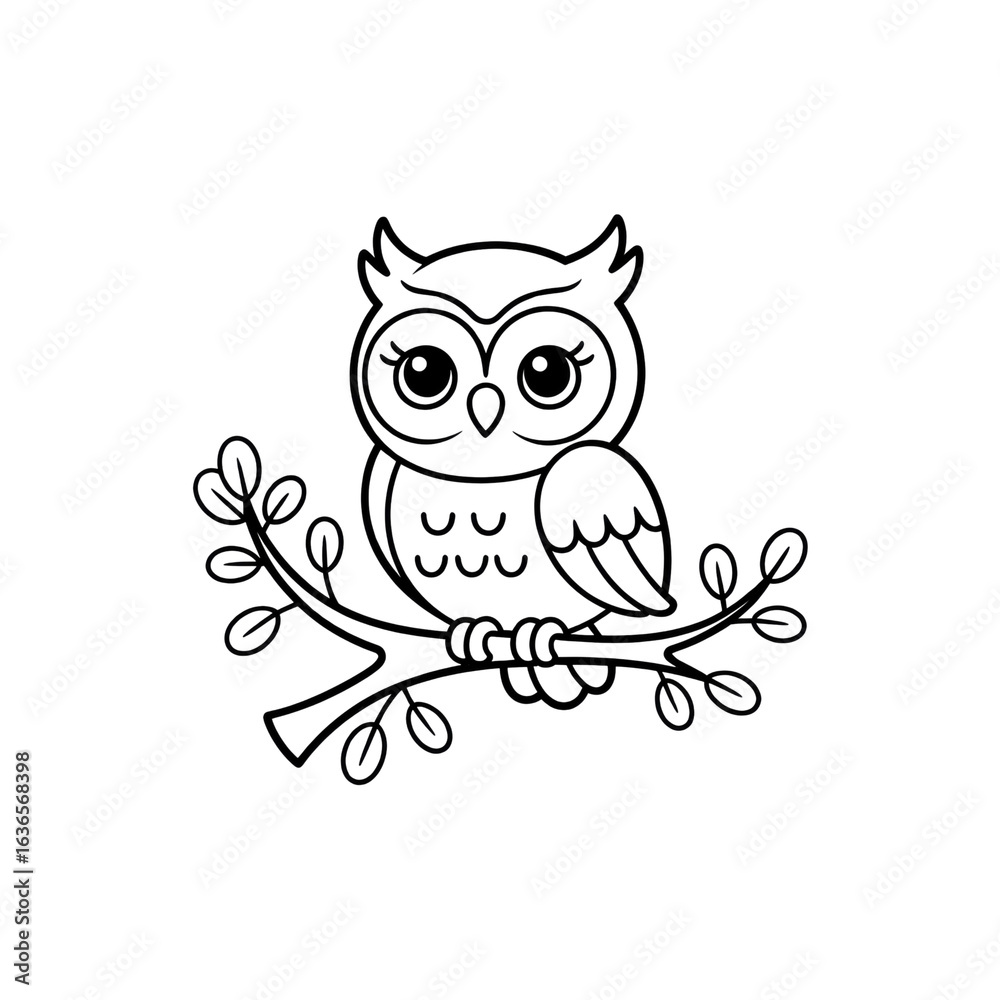 Fototapeta premium Adorable Cartoon Owl Perched on a Branch - Line Art Illustration