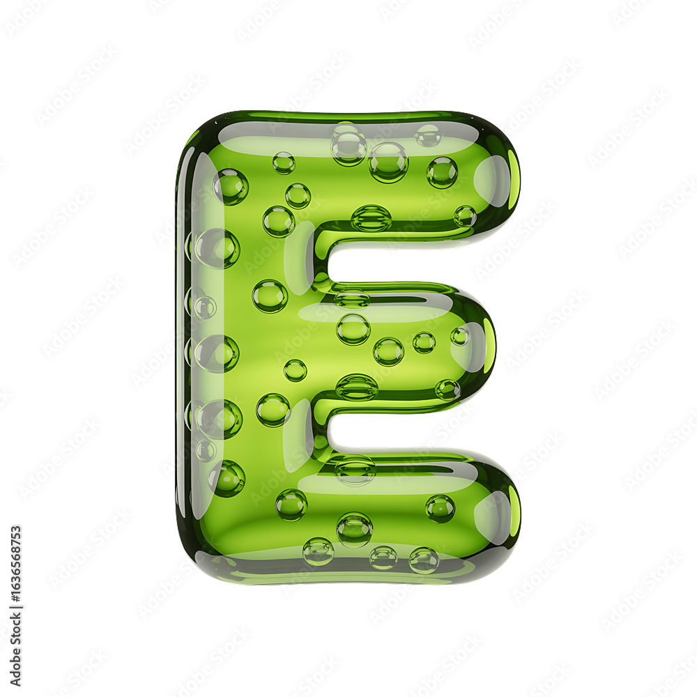 Green bubbly liquid letter e isolated on transparent background Green bubbly liquid letter e isolated on transparent background