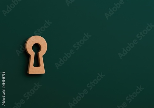 Wooden keyhole on dark green background; security concept