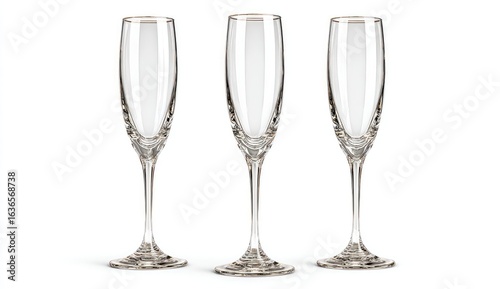 Three empty champagne flutes on white background, celebration, studio shot, for website design