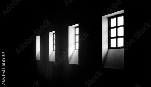 Dark hallway, four lit windows, sunlight, interior, architecture, hope, escape, mystery, stock photo