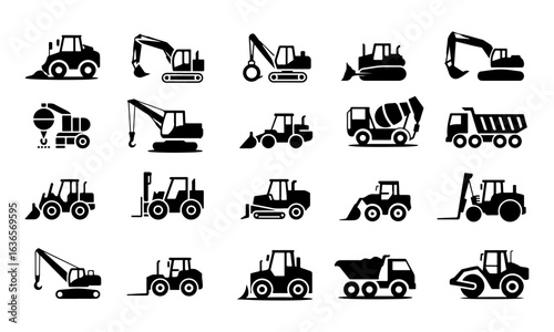 Construction heavy machinery and vehicles silhouette icons heavy equipment bulldozer