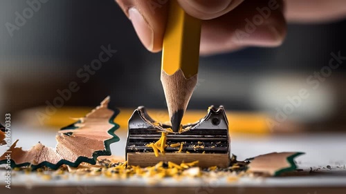 Close Up of a Hand Sharpening a Yellow Pencil with a Metal Sharpener on a White Desk, Detailed Wood Shavings Visible, Macro Photography of Stationery