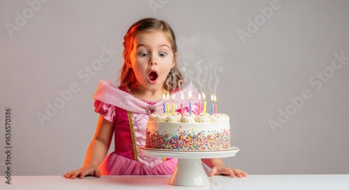 A shocked funny birthday girl with a surprised expression looking at her festive cake with lit candles, ready for a party.