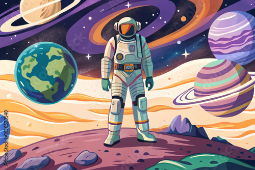 Vector illustration of spaceman and planet with cosmic background for space exploration and science concepts