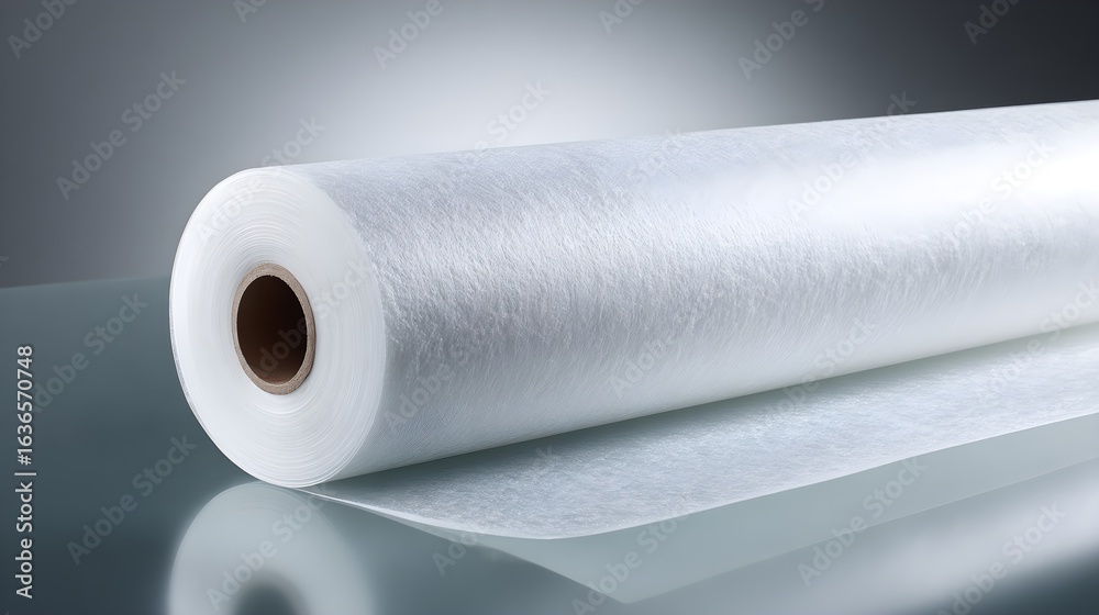 Fototapeta premium Large White Non-Woven Fabric Roll on Reflective Surface for Hygiene, Medical, and Industrial Material Production