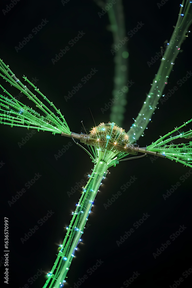 Naklejka premium Close-up of a plant stem with radiating green filaments and small, bright spots against a dark background.