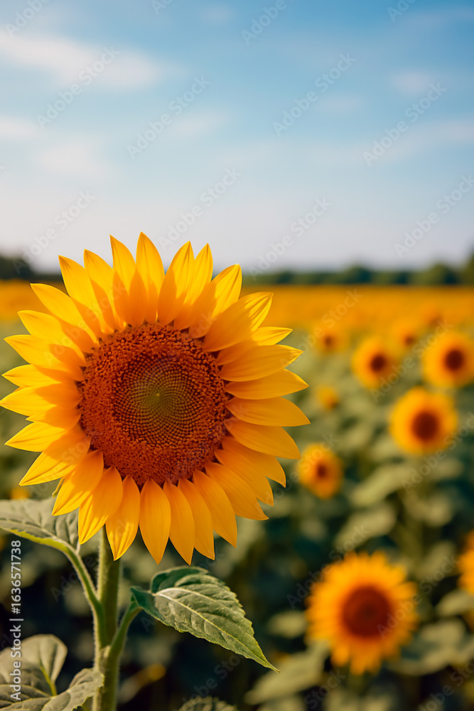 Fototapeta premium A bright, fully bloomed sunflower stands out against a clear blue sky. Symbolizes summer, happiness and natural beauty. Rural landscapes, nature photos, inspirational messages.