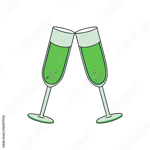 Two green champagne glasses clinking together with bubbles celebration toast