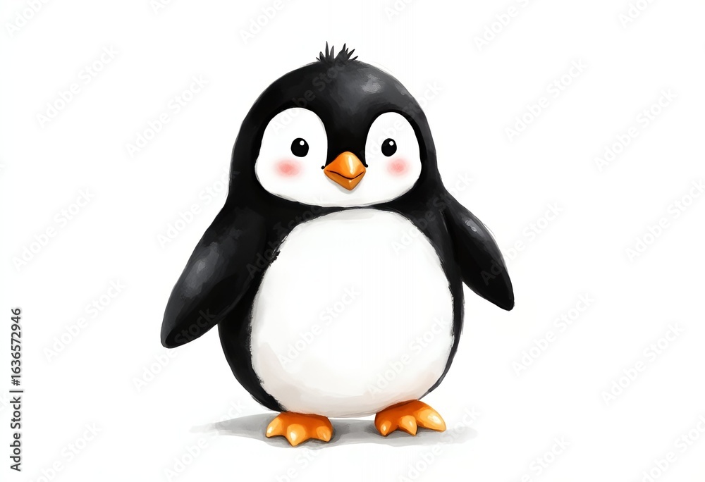 Fototapeta premium A cartoon penguin with black and white feathers and orange feet standing on a white background