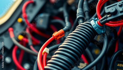 Close-up of aircraft avionics wiring harness with connectors, dashboard, aeronautics