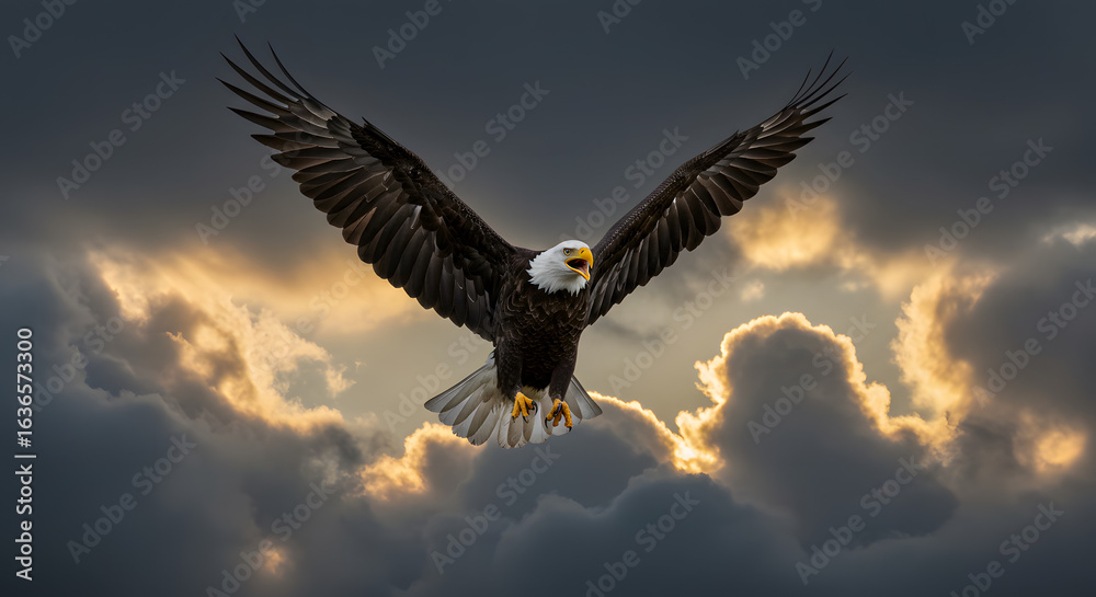 Naklejka premium Bald eagle landing on a stormy clouds