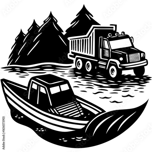 Vintage Truck and Boat Illustration in Forest Landscape