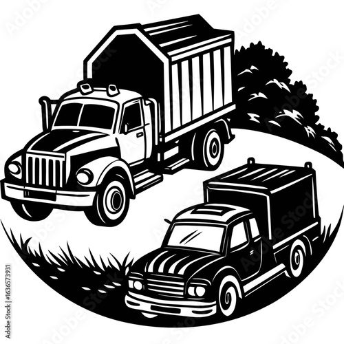 Close-Up of Police Vehicle, Garbage Truck, and Pickup Truck"