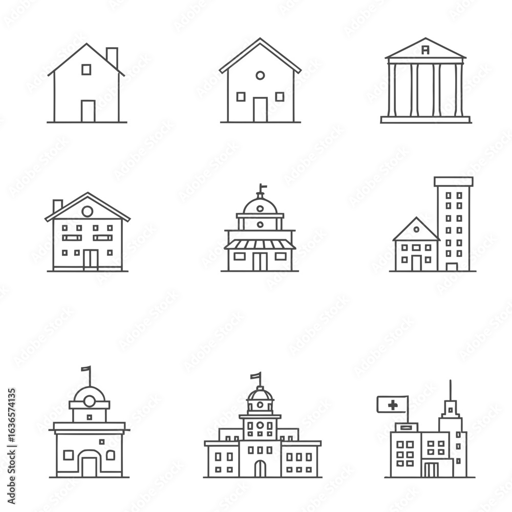 Fototapeta premium A black silhouette icon set of various houses and buildings for a city estate design