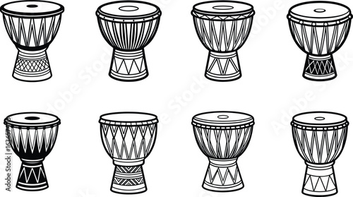 Collection of Simple Black and White Line Art Djembe Drum Illustrations
