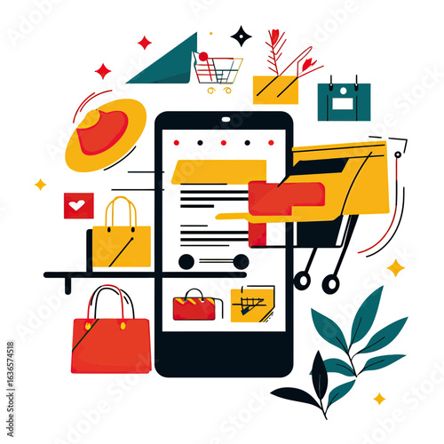 Online shopping mobile app with shopping cart credit card payment digital purchase concept flat vector illustration of bags hat and gift box on smartphone screen for e-commerce marketing platform