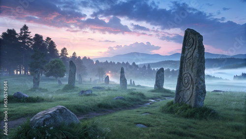 Photo of ancient celtic standing stones of callanish circle on isle of lewis at dawn with mist rolling between monoliths