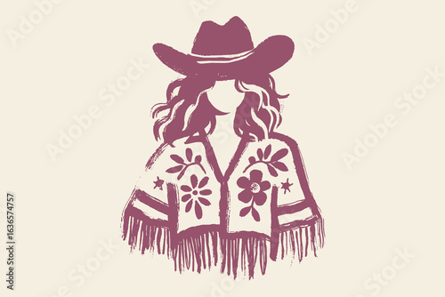Cowgirl in hat with floral poncho silhouette vector illustration