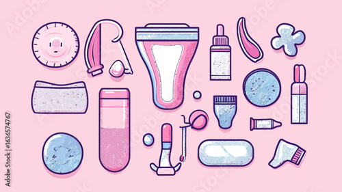 Flat minimalist vector set of feminine hygiene and menstrual products including pads, tampons, cups, wipes, and applicators in pink and blue colors