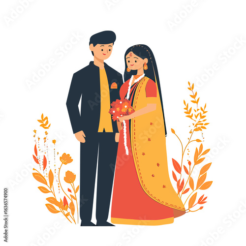 Illustration of Indian bride and groom in traditional wedding attire holding bouquet surrounded by floral decorations flat vector