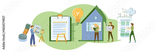 People analyzing household utility bills and charts with documents, clipboard, energy consumption, and house illustration in flat minimalist style vector