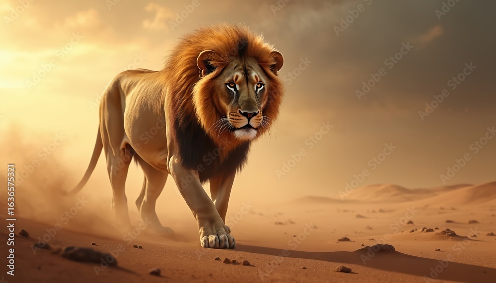 Obraz premium Majestic lion walks through desert dust clouds under divine golden light. Symbol of power and freedom, the king of beasts strides across the arid landscape, embodying courage and strength.