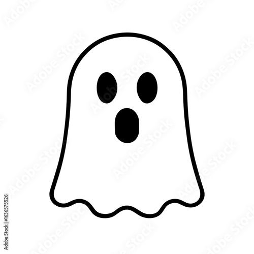 A cartoon-like ghost with big hollow eyes and a gaping mouth, designed with simple black outlines. Represents a fun yet spooky Halloween spirit