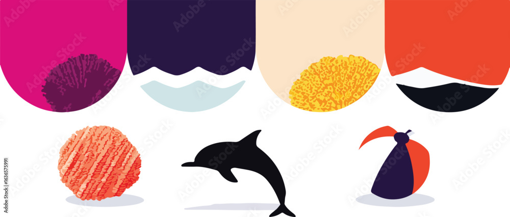 Naklejka premium Abstract colorful shapes dolphin beach ball coral design