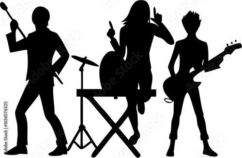 Energetic Rock Band Silhouettes:  Dynamic Stage Performance, Powerful Music, Black and White Vector Illustration.