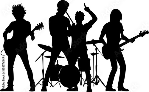 Energetic Rock Band Silhouette: Powerful, Edgy, and Dynamic Music Performance Illustration