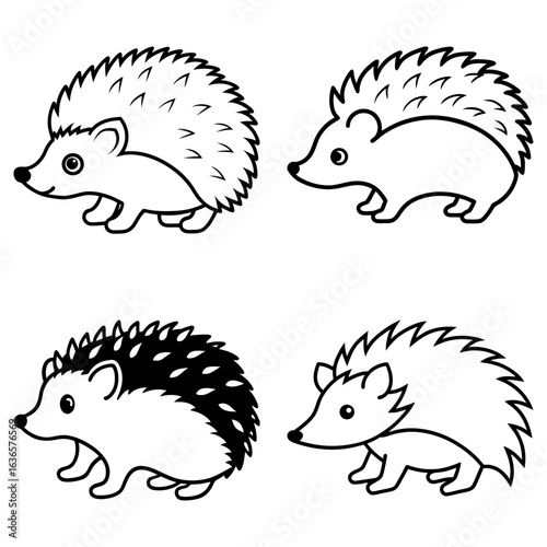 Four outlined hedgehogs in different styles with varying quill patterns and simple facial features drawn