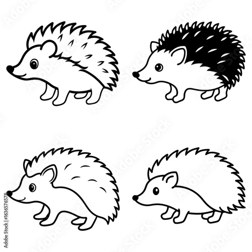 Four outlined hedgehogs with different quill styles in a simple black and white illustration style