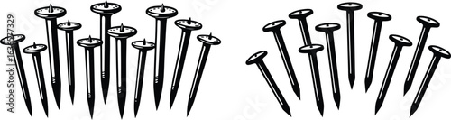 Monochrome Illustration of Two Groups of Metal Nails on White Background Surface
