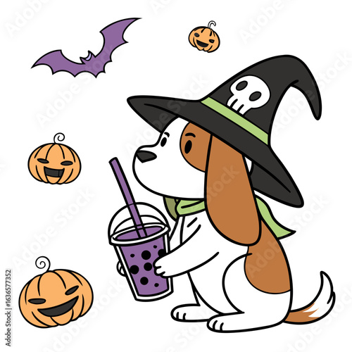 Cute Bashful Cocker spaniel dog, accessorized with with a bubble tea, in a Halloween world – Spooky Fun palette vector