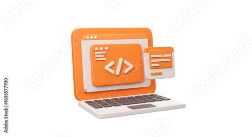 3d rendering of a laptop displaying code and a mobile screen isolated on transparent background