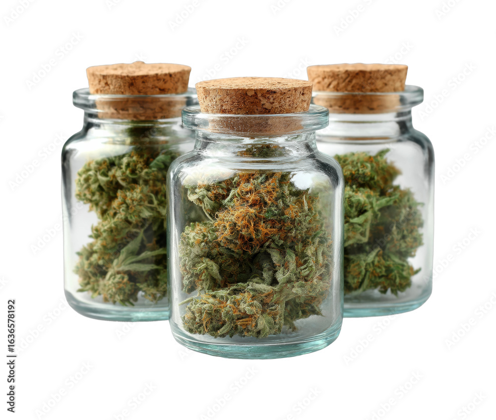 Storing premium cannabis buds in glass jars setup view, isolated on transparent background, png Storing premium cannabis buds in glass jars setup view, isolated on transparent background, png