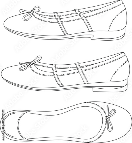 PrinBallet flats design, shoe outline, fashion footwear sketch, women flat shoes drawing, stylish illustration, footwear template, top and side view