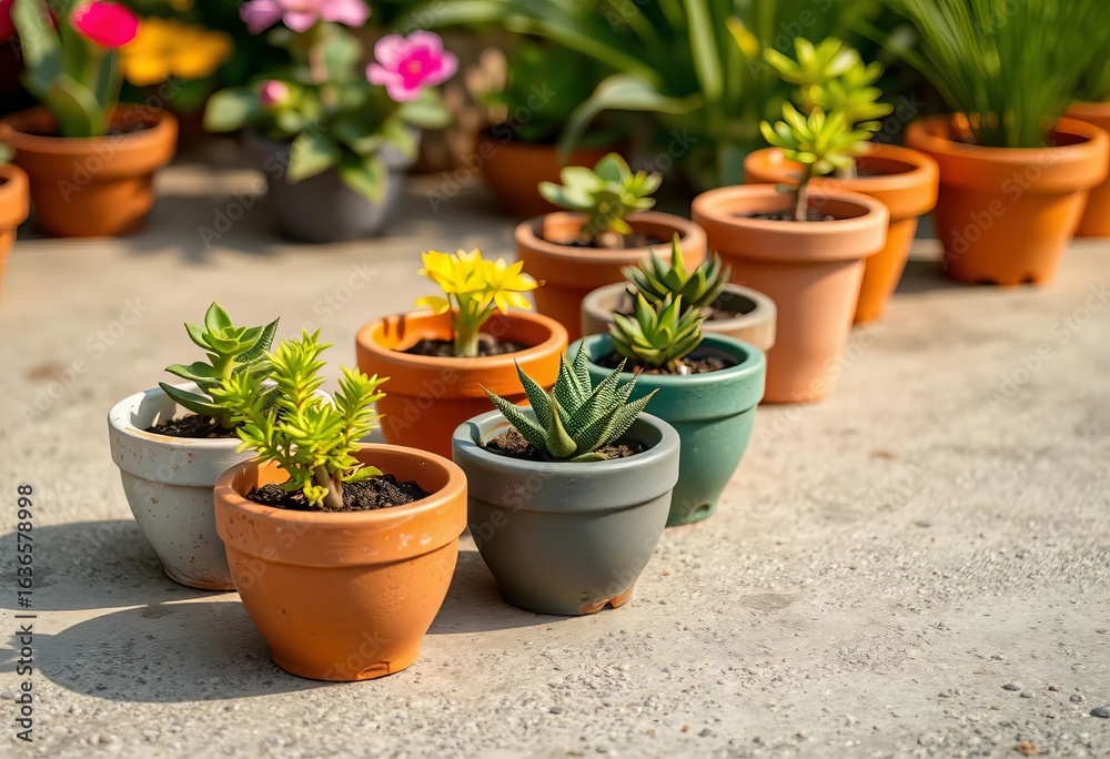 Fototapeta premium Mini cement pots arranged on a smooth concrete surface, design, tabletop