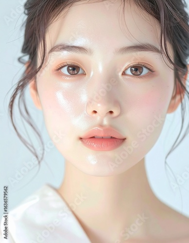 日本人, 清楚な若い女性, 横顔, ナチュラルな笑顔, 柔らかい光, 白背景, 透明感ある肌, 美容広告スタイル Japanese, modest young woman, side profile, natural smile, soft light, white background, translucent skin, beauty ad style