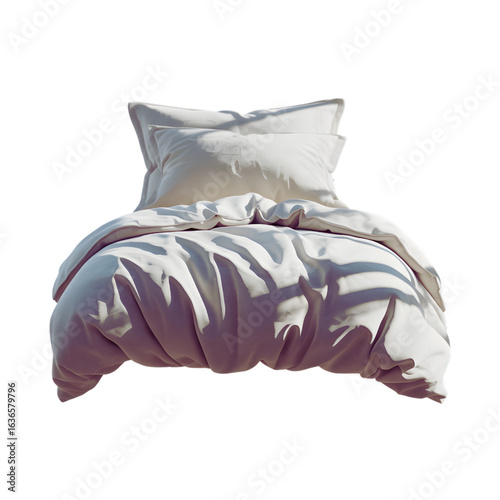 Front View of White Fluffy Bed with Pillows and Soft Wrinkled Blanket in Daylight