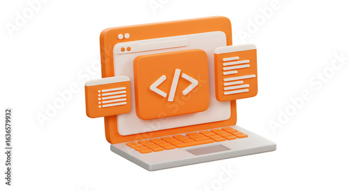 3d orange laptop with code icon and text windows isolated on transparent background