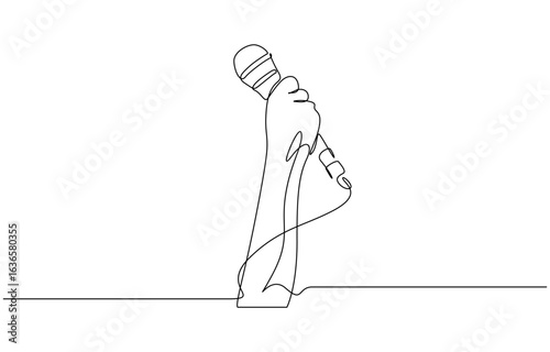 Continuous one line drawing of Hand holding microphone vector illustration. Editable outline