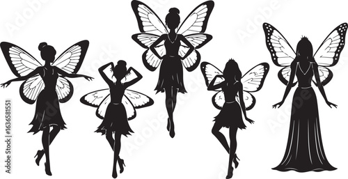 Five Black Silhouette Fairies with Butterfly Wings and Elegant Dresses fairy white