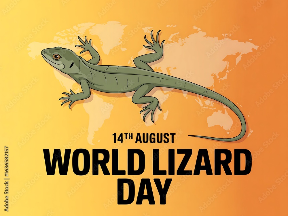 Obraz premium Celebrate world lizard day on august 14th with a detailed illustration of a lizard on a world map