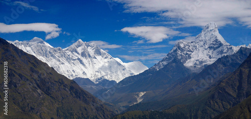 Panorama showing Mount Everest (left), Mount Lhotse, Mount Lhotse Shar (centre left) and Mount Ama Dablam in the Everest Himalaya of Nepal