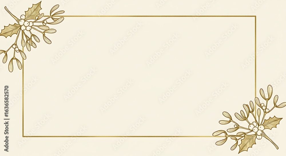 Obraz premium Single line gold frame with small mistletoe clusters on top left and bottom right