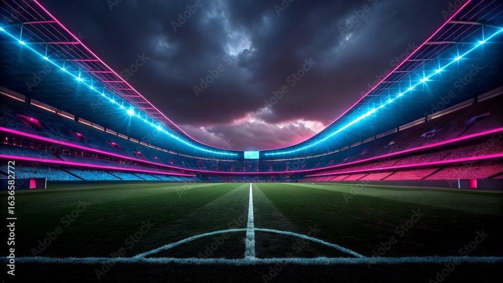 Obraz premium Vibrant stadium lights illuminate empty field at dusk, ready for action
