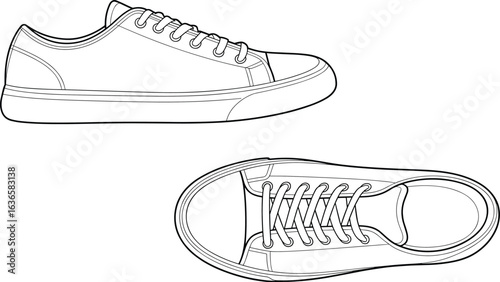 PrintSneakers outline vector, side and top view, casual shoe sketch, fashion sneaker design, detailed footwear drawing, isolated illustration.