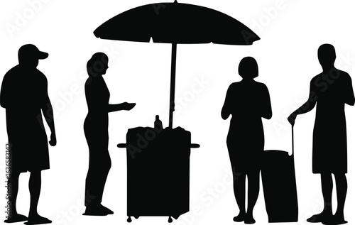 PrintStreet food vendor silhouette, people buying snacks, outdoor market, standing customers, street scene, food cart, summer lifestyle